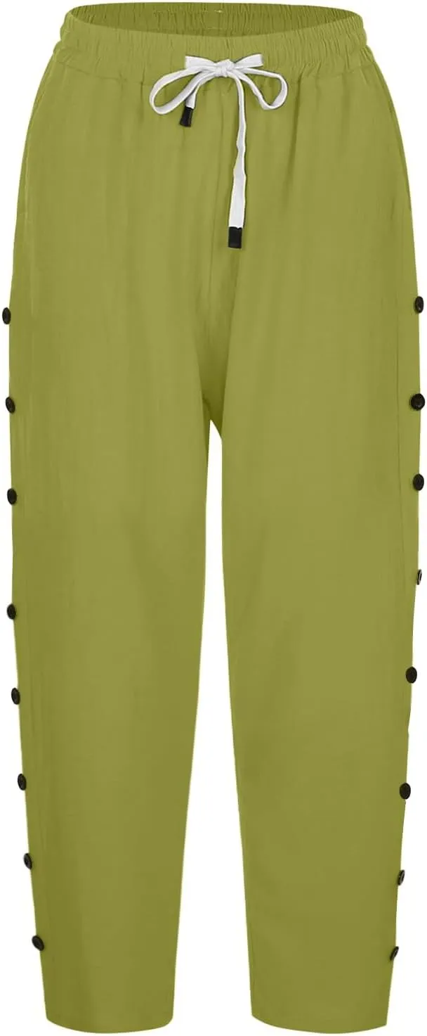 GIERIDUC Linen Pants Women Loose Capris for Women Summer Cropped Drawstring Elastic Waist Trouser Side Button Bermuda Shorts