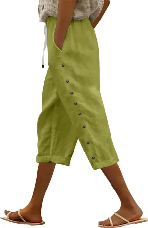 GIERIDUC Linen Pants Women Loose Capris for Women Summer Cropped Drawstring Elastic Waist Trouser Side Button Bermuda Shorts