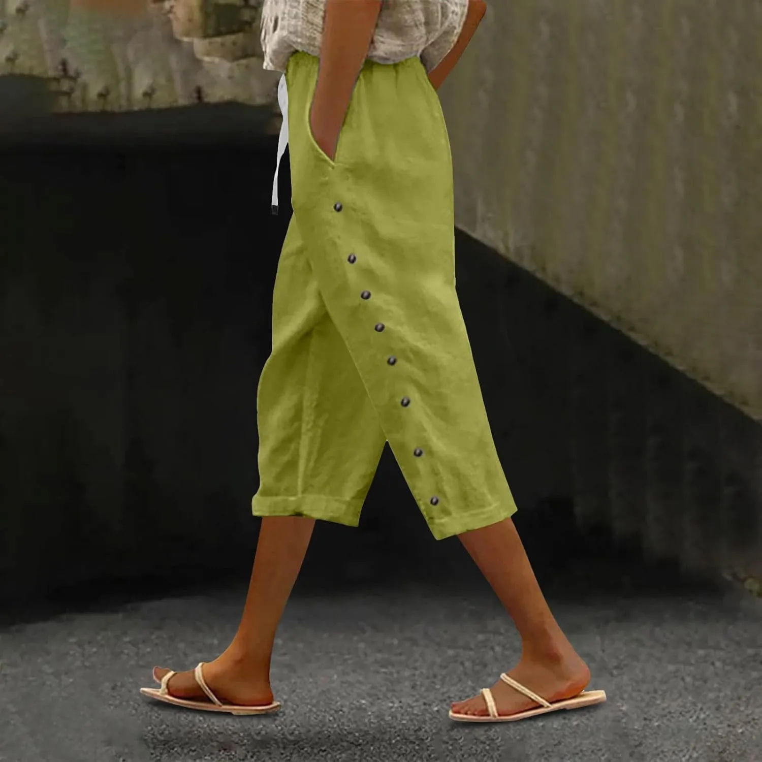 GIERIDUC Linen Pants Women Loose Capris for Women Summer Cropped Drawstring Elastic Waist Trouser Side Button Bermuda Shorts