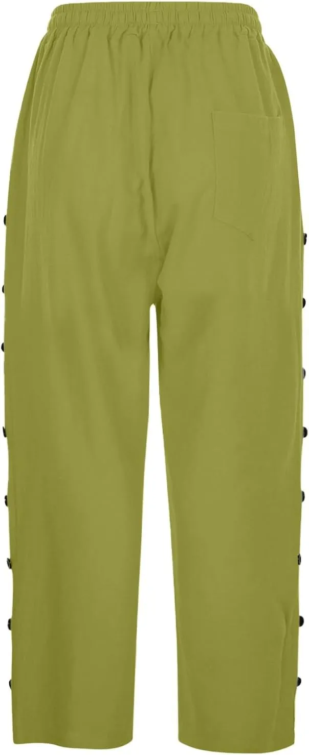 GIERIDUC Linen Pants Women Loose Capris for Women Summer Cropped Drawstring Elastic Waist Trouser Side Button Bermuda Shorts