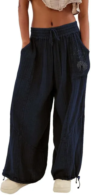 GIERIDUC Linen Pants Women Summer Casual Elastic Drawstring Pants Wide Leg Baggy Trousers with Pockets Loose Fitted Capris