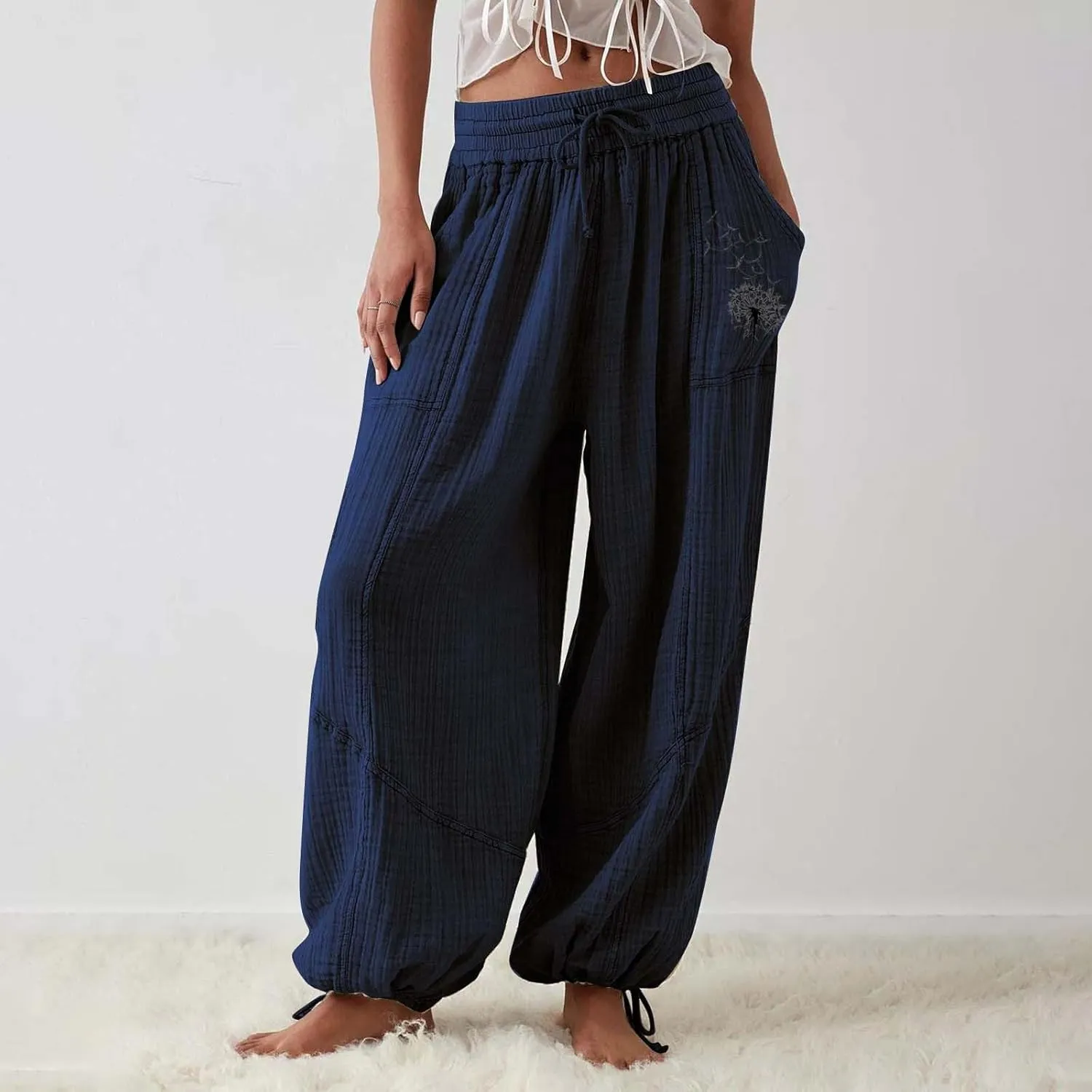 GIERIDUC Linen Pants Women Summer Casual Elastic Drawstring Pants Wide Leg Baggy Trousers with Pockets Loose Fitted Capris