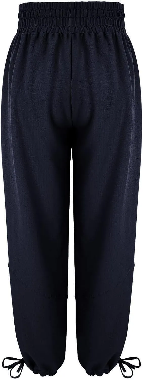 GIERIDUC Linen Pants Women Summer Casual Elastic Drawstring Pants Wide Leg Baggy Trousers with Pockets Loose Fitted Capris