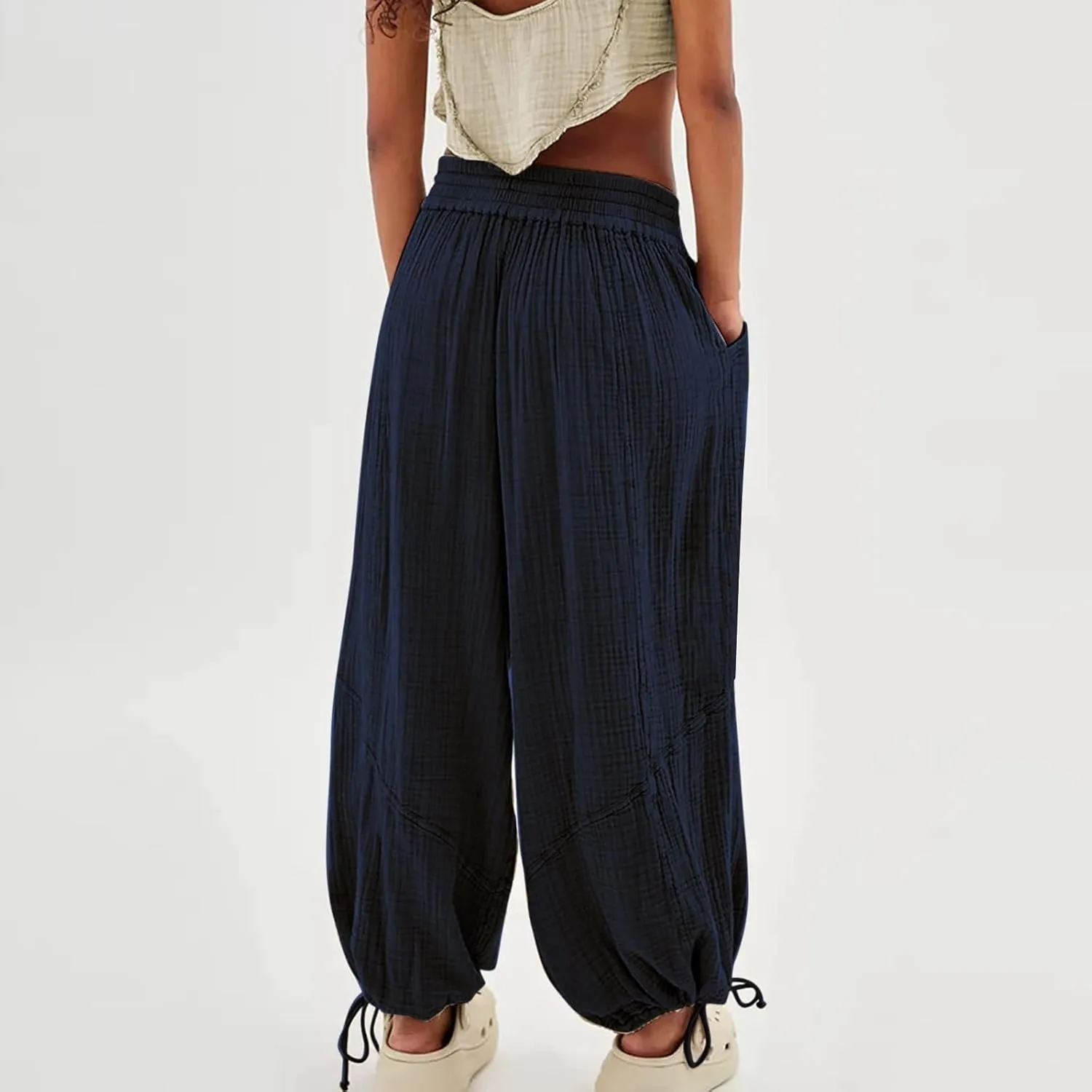 GIERIDUC Linen Pants Women Summer Casual Elastic Drawstring Pants Wide Leg Baggy Trousers with Pockets Loose Fitted Capris