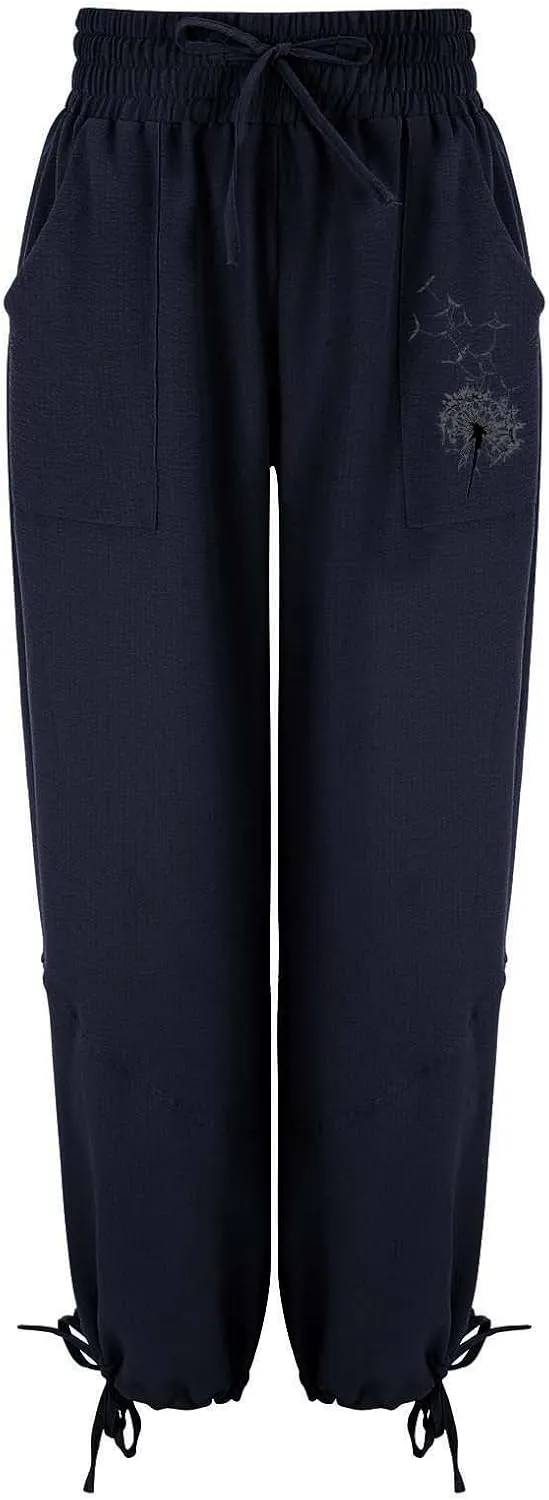 GIERIDUC Linen Pants Women Summer Casual Elastic Drawstring Pants Wide Leg Baggy Trousers with Pockets Loose Fitted Capris