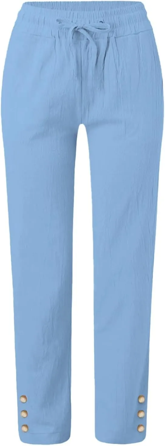 GIERIDUC Womens Casual Linen High Waist Pants Wide Straight Leg Drawstring Loose Summer Palazzo Lounge Trousers with Pockets