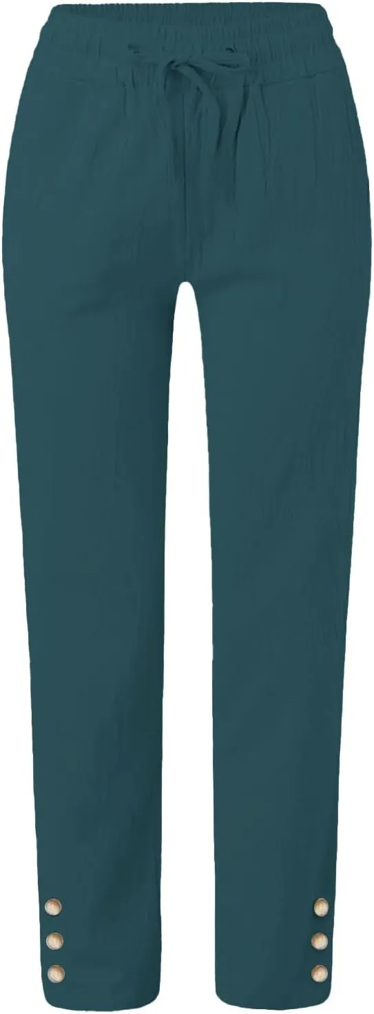 GIERIDUC Womens Casual Linen High Waist Pants Wide Straight Leg Drawstring Loose Summer Palazzo Lounge Trousers with Pockets
