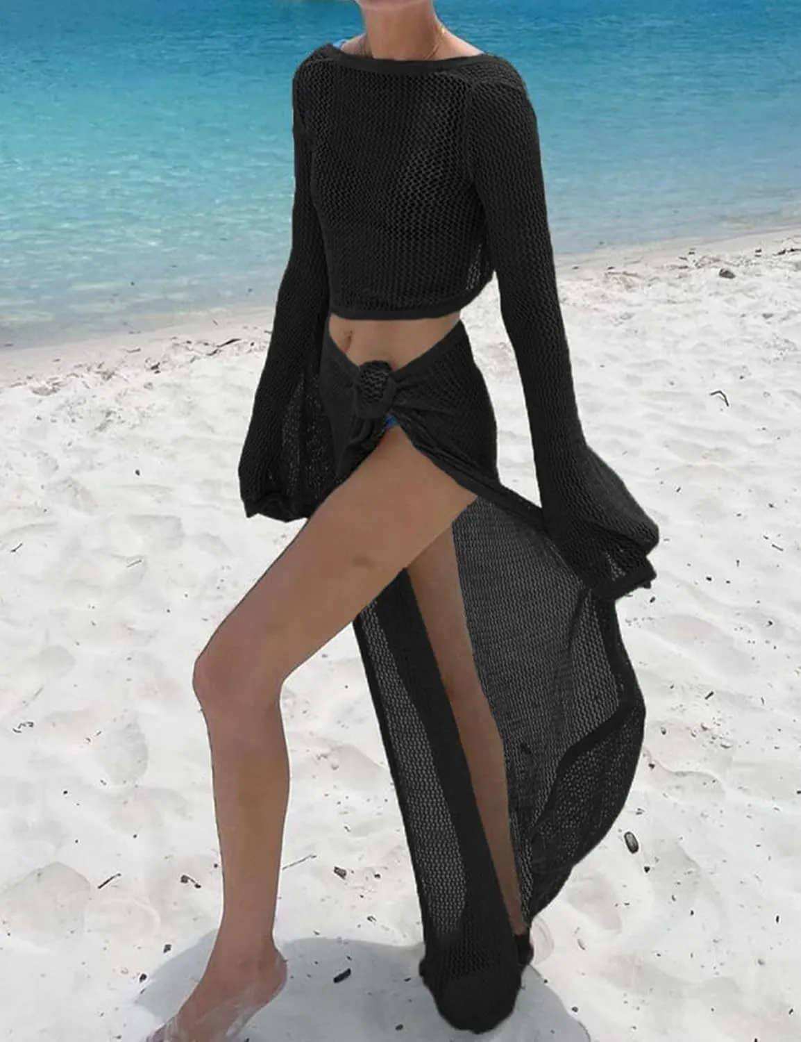 Gihuo Womens Swimsuits Cover Ups Crochet 2 Piece Bikini Coverup Beach Swimwear Hollow Out Bathing Suit Tie Skirt