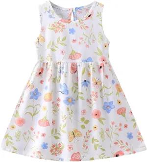 Girls Boho Dresses Cute Floral Sleeveless A Linen Sundress Kids Trendy Smocked Swing Midi Pleated Beach Dress Petite