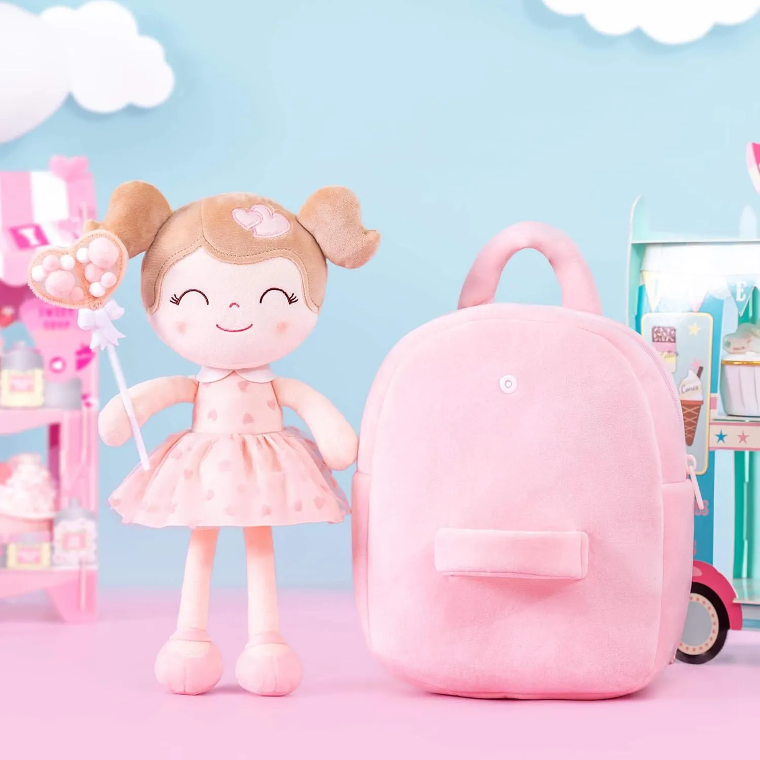 Gloveleya Toddler Backpack Baby Girl Gift Plush Bag Diaper Bag with Pink Flocking Heart Girl Backpack 9 Inches