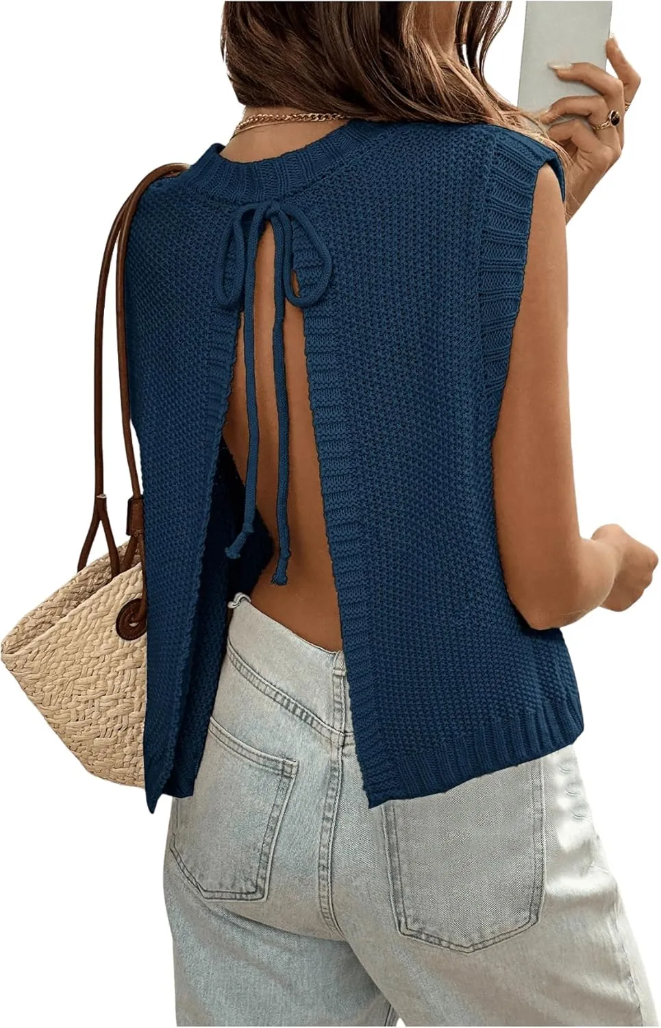 GORGLITTER Women's Cropped Backless Crochet Vest Open Back Tie Sweater Tank Tops