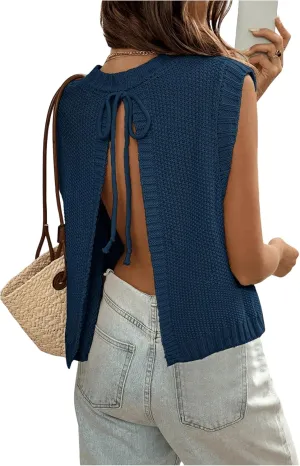 GORGLITTER Women's Cropped Backless Crochet Vest Open Back Tie Sweater Tank Tops