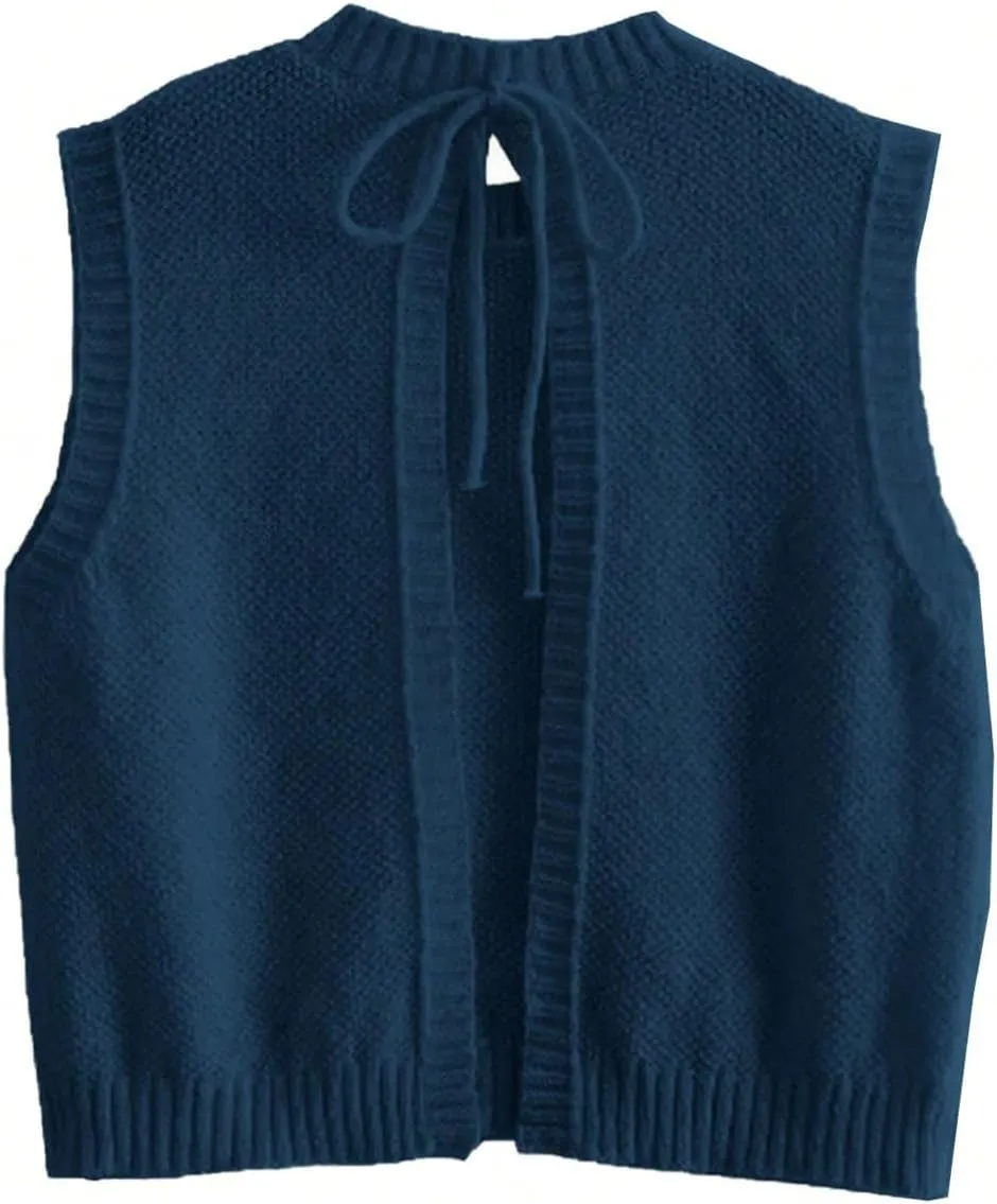 GORGLITTER Women's Cropped Backless Crochet Vest Open Back Tie Sweater Tank Tops
