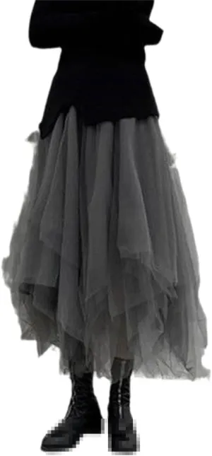 Gothic Tulle Skirt Vintage Irregular Pleated Street Elastic High Waist A Line Mesh Midi Dress