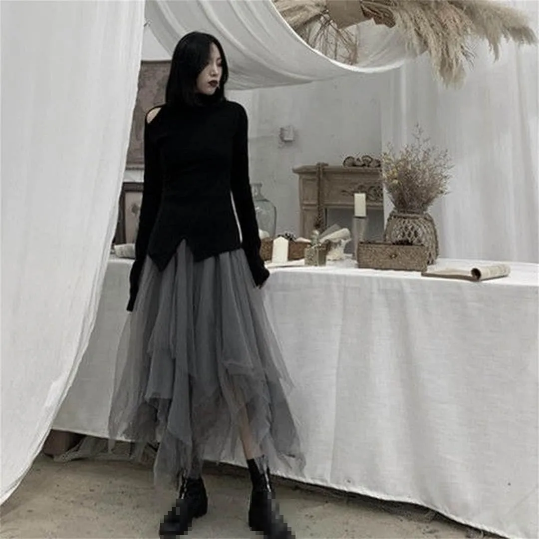 Gothic Tulle Skirt Vintage Irregular Pleated Street Elastic High Waist A Line Mesh Midi Dress