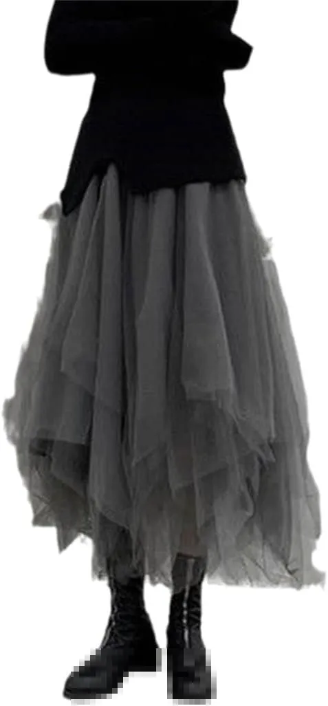 Gothic Tulle Skirt Vintage Irregular Pleated Street Elastic High Waist A Line Mesh Midi Dress