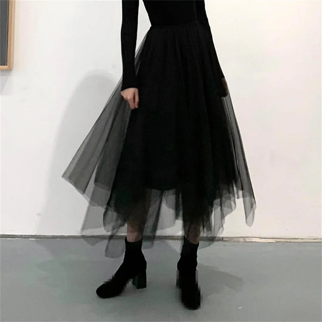 Gothic Tulle Skirt Vintage Irregular Pleated Street Elastic High Waist A Line Mesh Midi Dress