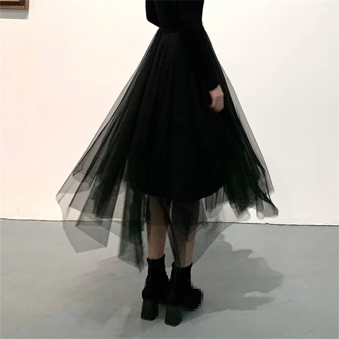 Gothic Tulle Skirt Vintage Irregular Pleated Street Elastic High Waist A Line Mesh Midi Dress