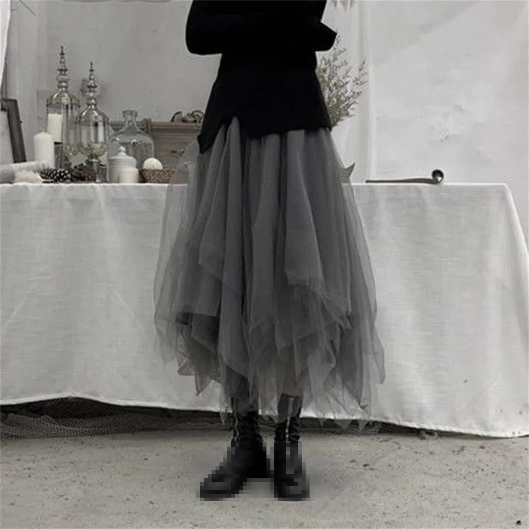 Gothic Tulle Skirt Vintage Irregular Pleated Street Elastic High Waist A Line Mesh Midi Dress