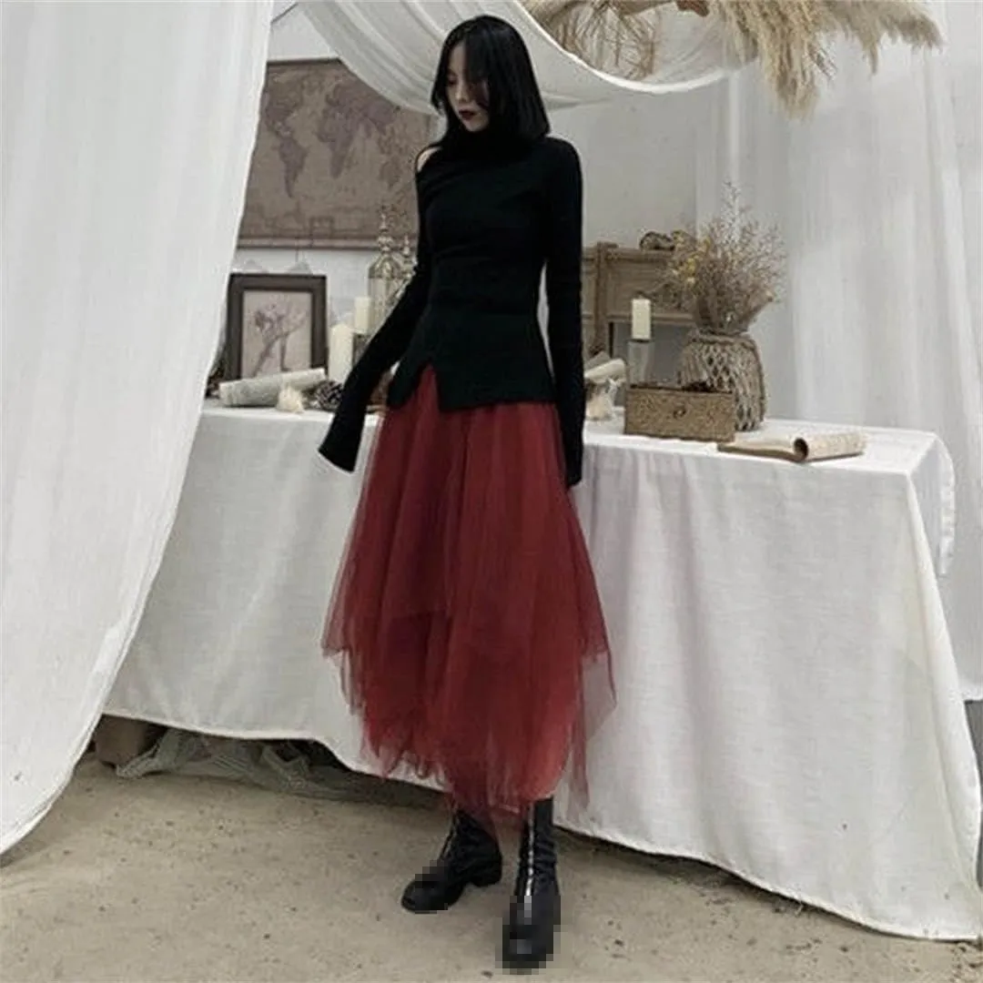 Gothic Tulle Skirt Vintage Irregular Pleated Street Elastic High Waist A Line Mesh Midi Dress