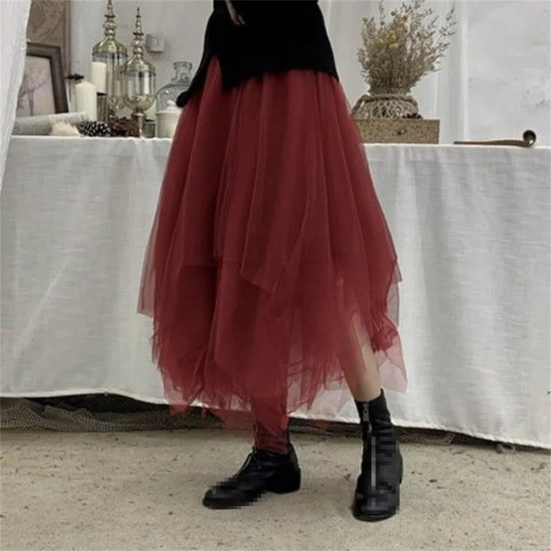 Gothic Tulle Skirt Vintage Irregular Pleated Street Elastic High Waist A Line Mesh Midi Dress