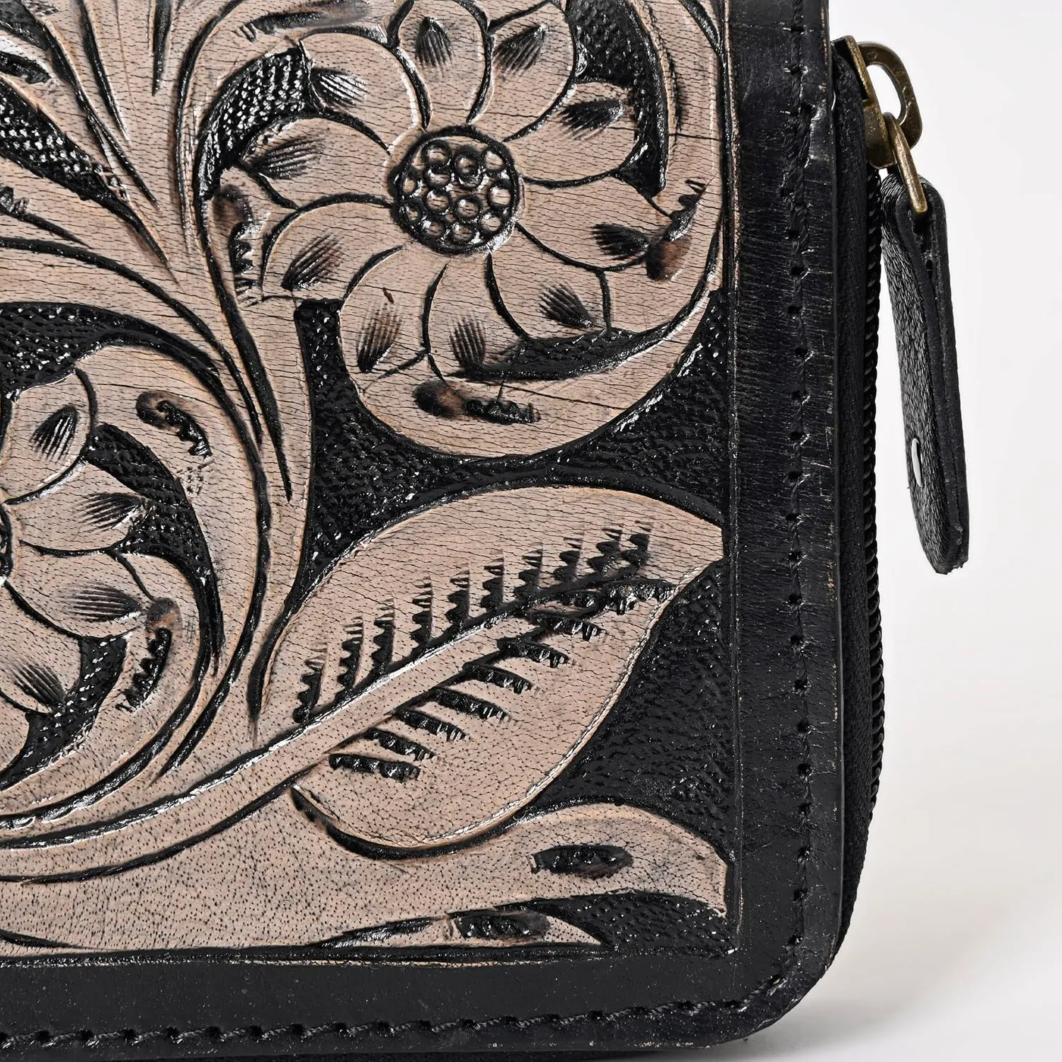 Handcrafted Western Leather Wallet for Women Cowhide Hand Wrist Wallet Card Holder RFID Protected Hand Purses Leather Hand Bag Genuine Leather Handtooled Wallet with Multi Pockets