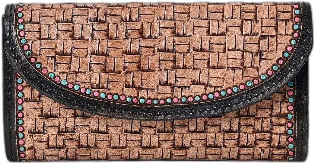 Handtooled full grain leather Detail Trifold wallet for Women, Multi Credit Card Slots, Twofold wallet, Wristlet Clutch Wallet valentines day gifts