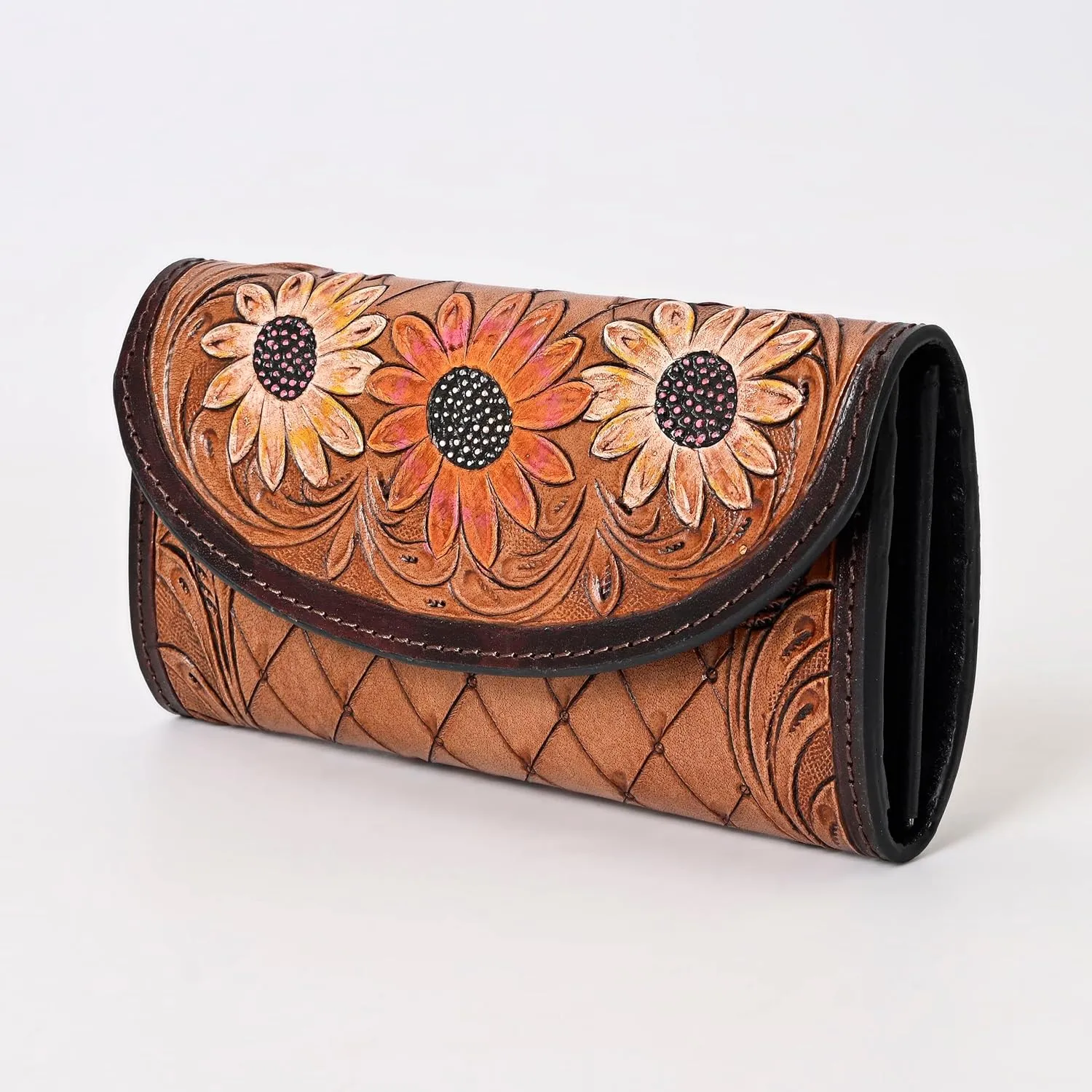 Handtooled Leather Brown Detail Trifold wallet for Women-Multi Credit Card Slots, Leather Laced Detail wallet, Wristlet Clutch Wallet valentines day gifts