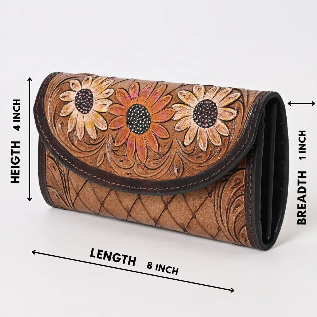 Handtooled Leather Brown Detail Trifold wallet for Women-Multi Credit Card Slots, Leather Laced Detail wallet, Wristlet Clutch Wallet valentines day gifts