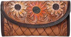 Handtooled Leather Brown Detail Trifold wallet for Women-Multi Credit Card Slots, Leather Laced Detail wallet, Wristlet Clutch Wallet valentines day gifts