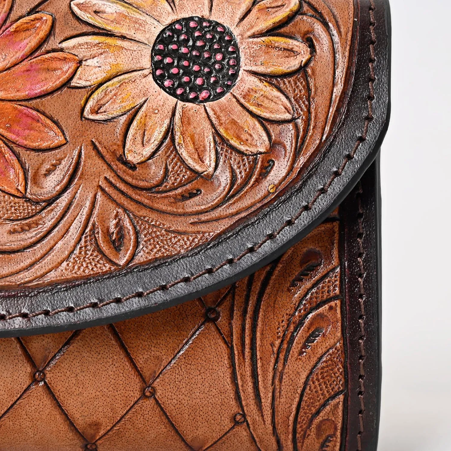 Handtooled Leather Brown Detail Trifold wallet for Women-Multi Credit Card Slots, Leather Laced Detail wallet, Wristlet Clutch Wallet valentines day gifts
