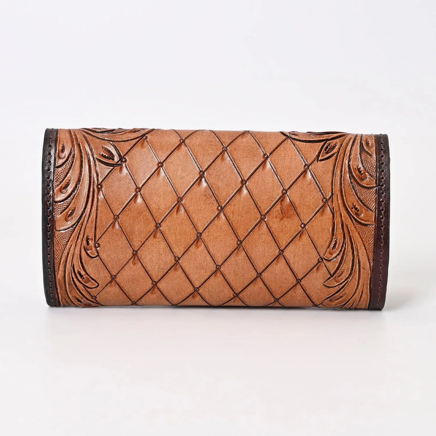 Handtooled Leather Brown Detail Trifold wallet for Women-Multi Credit Card Slots, Leather Laced Detail wallet, Wristlet Clutch Wallet valentines day gifts
