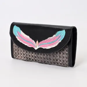 Handtooled Leather Detail Black Trifold wallet for Women-Multi Credit Card Slots, Leather Laced Detail wallet, Wristlet Clutch Wallet valentines day gifts