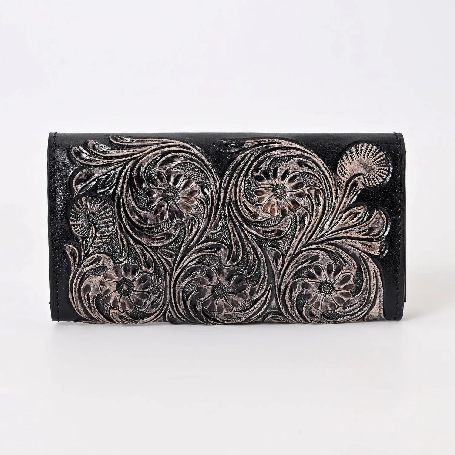 Handtooled Leather Detail Black Trifold wallet for Women-Multi Credit Card Slots, Leather Laced Detail wallet, Wristlet Clutch Wallet valentines day gifts