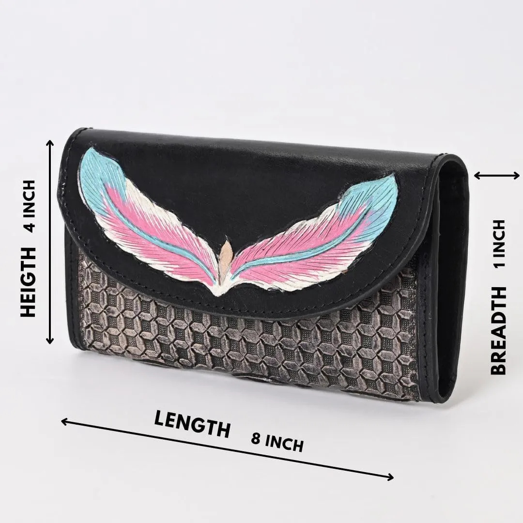 Handtooled Leather Detail Black Trifold wallet for Women-Multi Credit Card Slots, Leather Laced Detail wallet, Wristlet Clutch Wallet valentines day gifts