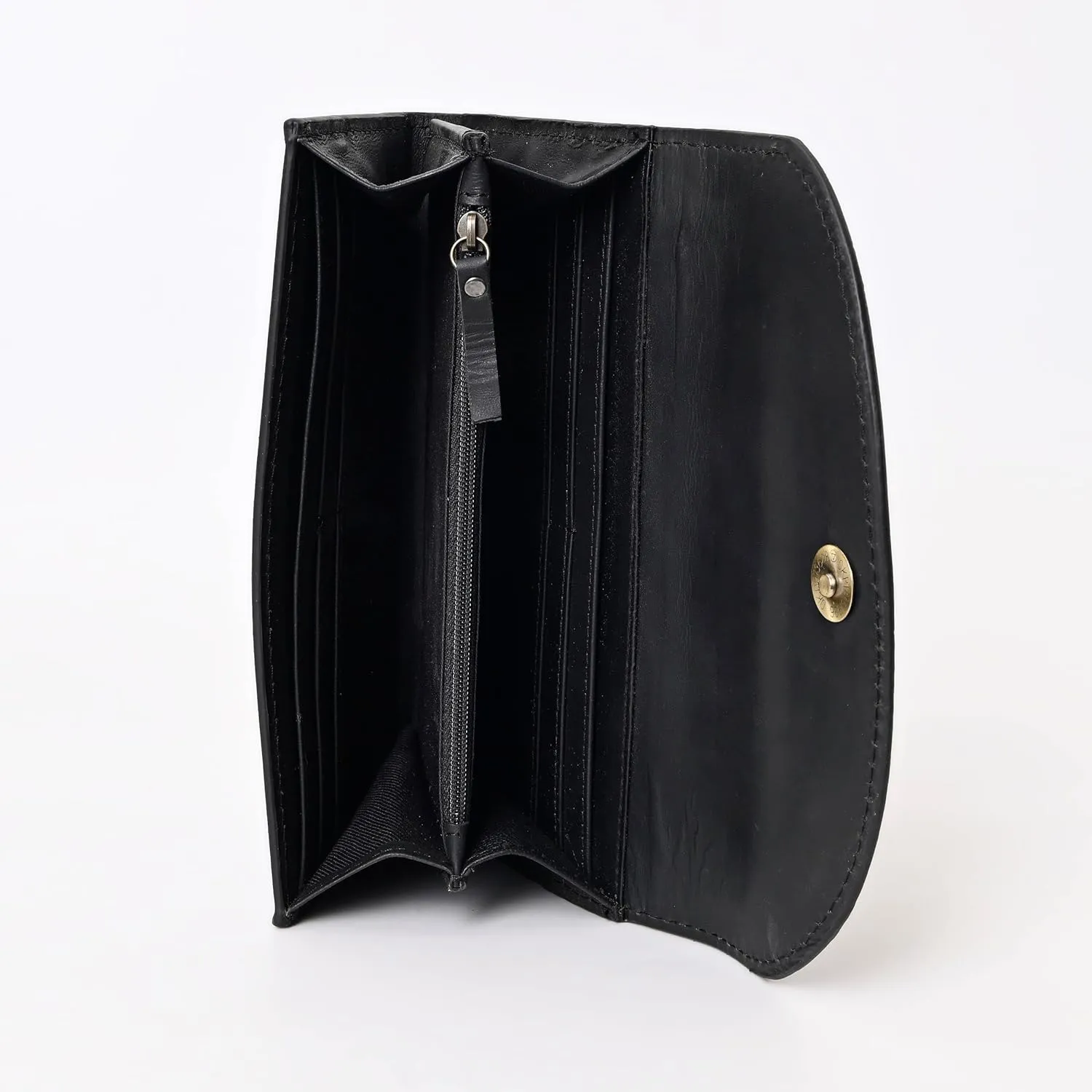 Handtooled Leather Detail Black Trifold wallet for Women-Multi Credit Card Slots, Leather Laced Detail wallet, Wristlet Clutch Wallet valentines day gifts
