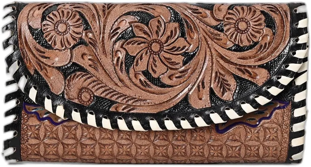Handtooled Leather Detail Trifold wallet for Women-Multi Credit Card Slots, Leather Laced Detail wallet, Wristlet Clutch Wallet valentines day gifts