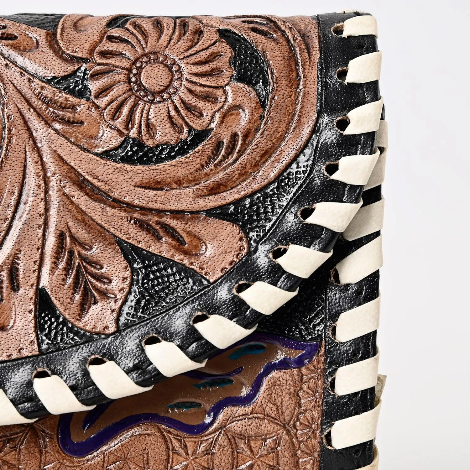 Handtooled Leather Detail Trifold wallet for Women-Multi Credit Card Slots, Leather Laced Detail wallet, Wristlet Clutch Wallet valentines day gifts