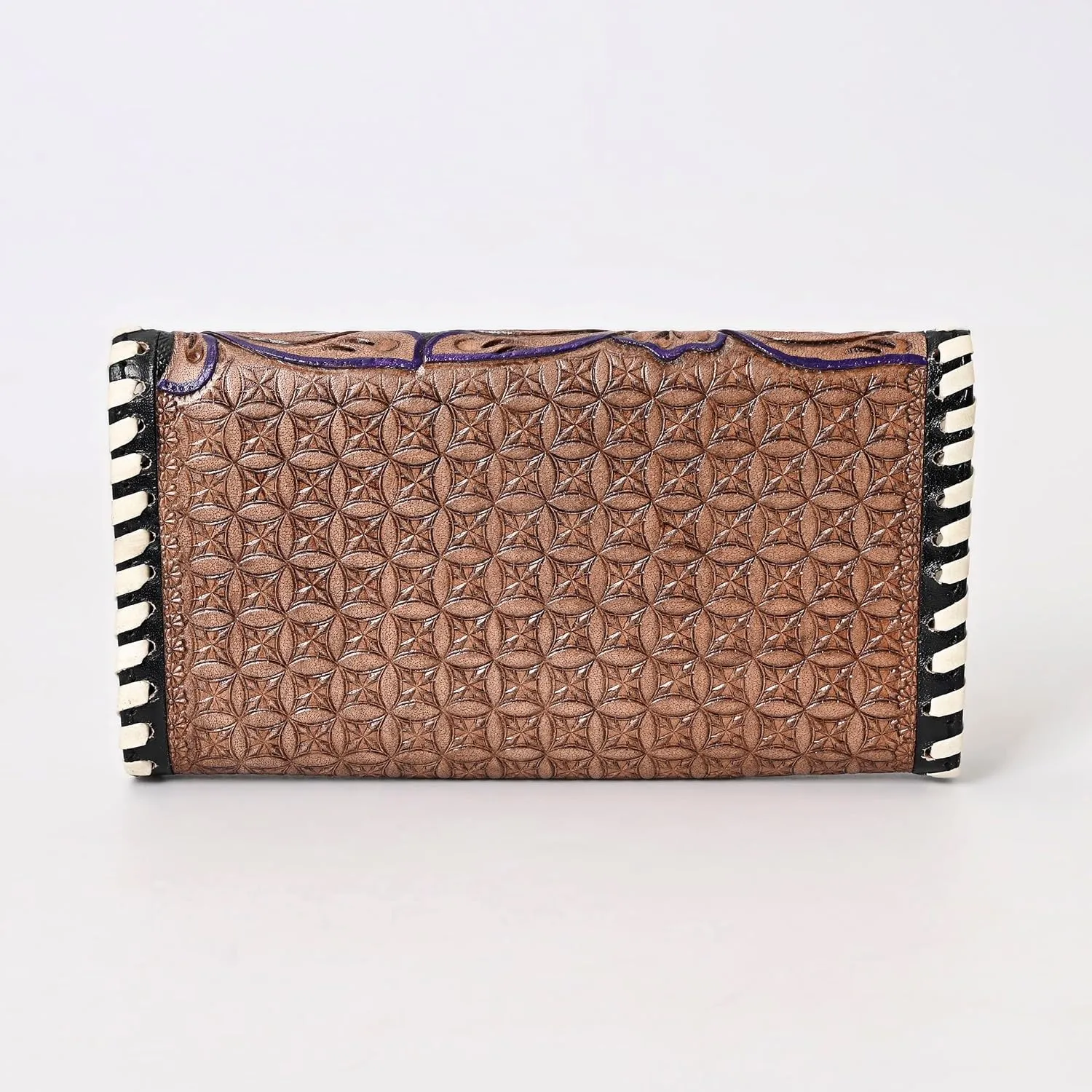 Handtooled Leather Detail Trifold wallet for Women-Multi Credit Card Slots, Leather Laced Detail wallet, Wristlet Clutch Wallet valentines day gifts