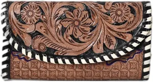 Handtooled Leather Detail Trifold wallet for Women-Multi Credit Card Slots, Leather Laced Detail wallet, Wristlet Clutch Wallet valentines day gifts