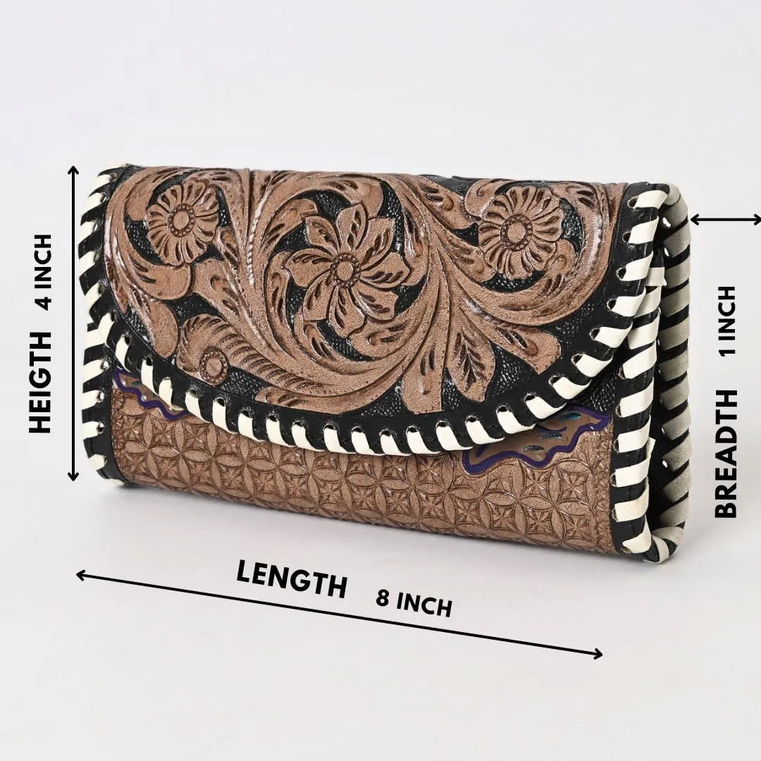 Handtooled Leather Detail Trifold wallet for Women-Multi Credit Card Slots, Leather Laced Detail wallet, Wristlet Clutch Wallet valentines day gifts
