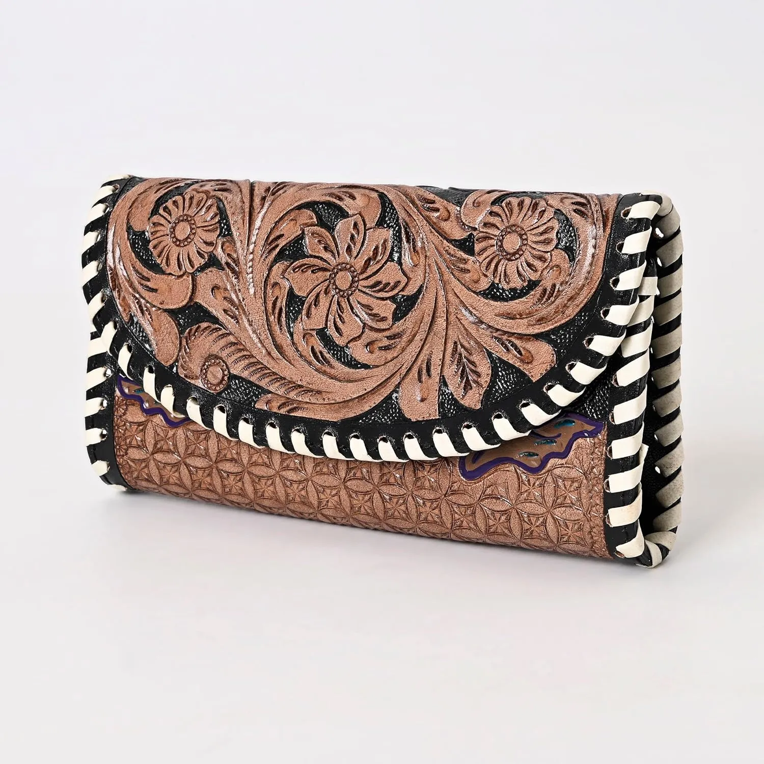 Handtooled Leather Detail Trifold wallet for Women-Multi Credit Card Slots, Leather Laced Detail wallet, Wristlet Clutch Wallet valentines day gifts