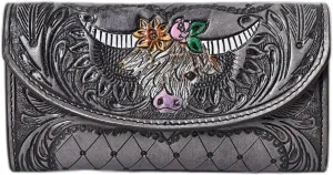 Handtooled Leather Detail Trifold wallet for Women-Multi Credit Card Slots, valentines day gifts