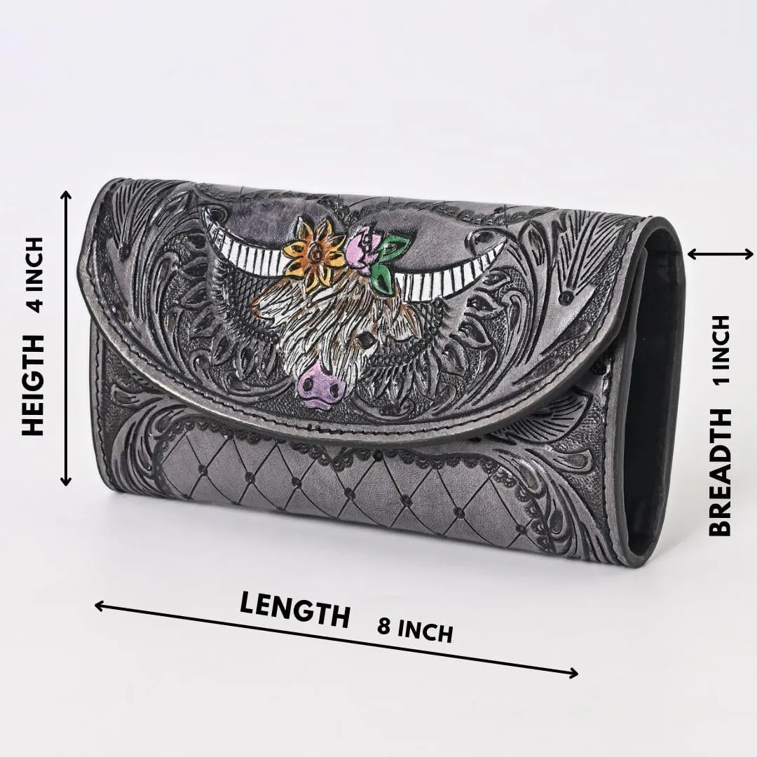 Handtooled Leather Detail Trifold wallet for Women-Multi Credit Card Slots, valentines day gifts