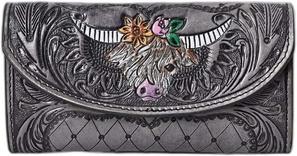 Handtooled Leather Detail Trifold wallet for Women-Multi Credit Card Slots, valentines day gifts