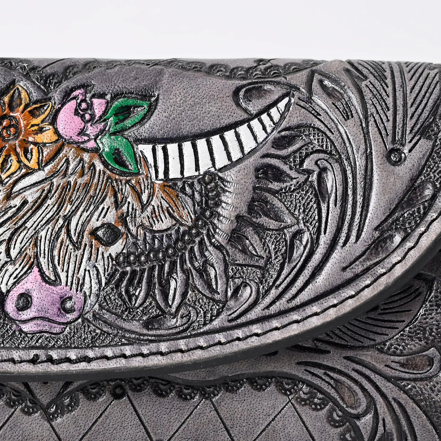 Handtooled Leather Detail Trifold wallet for Women-Multi Credit Card Slots, valentines day gifts