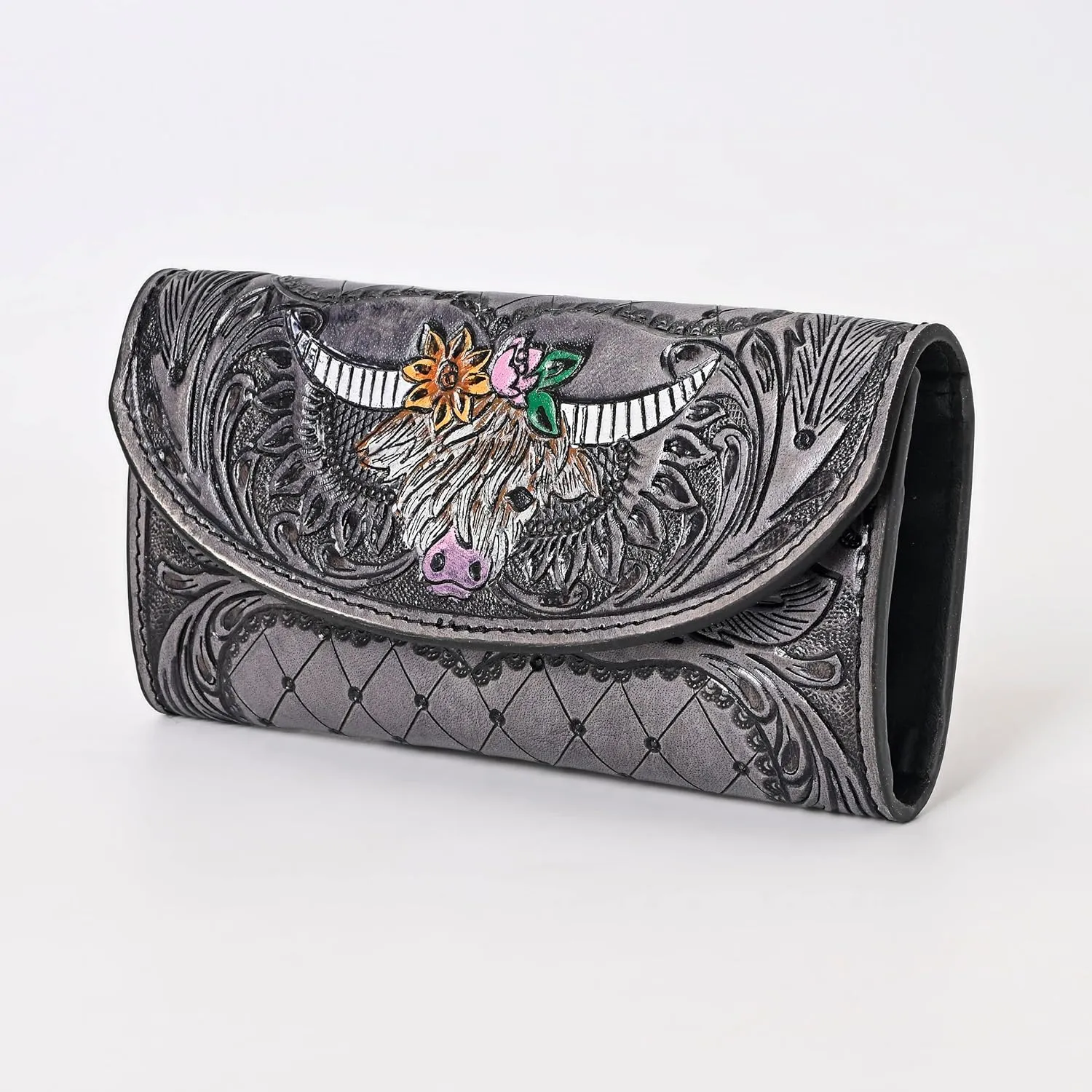Handtooled Leather Detail Trifold wallet for Women-Multi Credit Card Slots, valentines day gifts