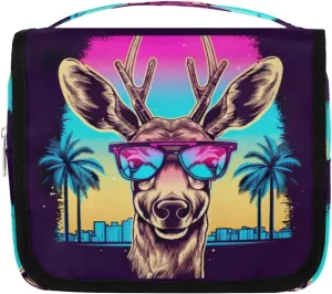 Hanging Toiletry Bag for Women & Men Small Travel Makeup Skincare Necessaire Organizer Kit Cosmetic Bags Waterproof Shower Pouch Expandable Compartments Sunglasses Palm Leaves Deer