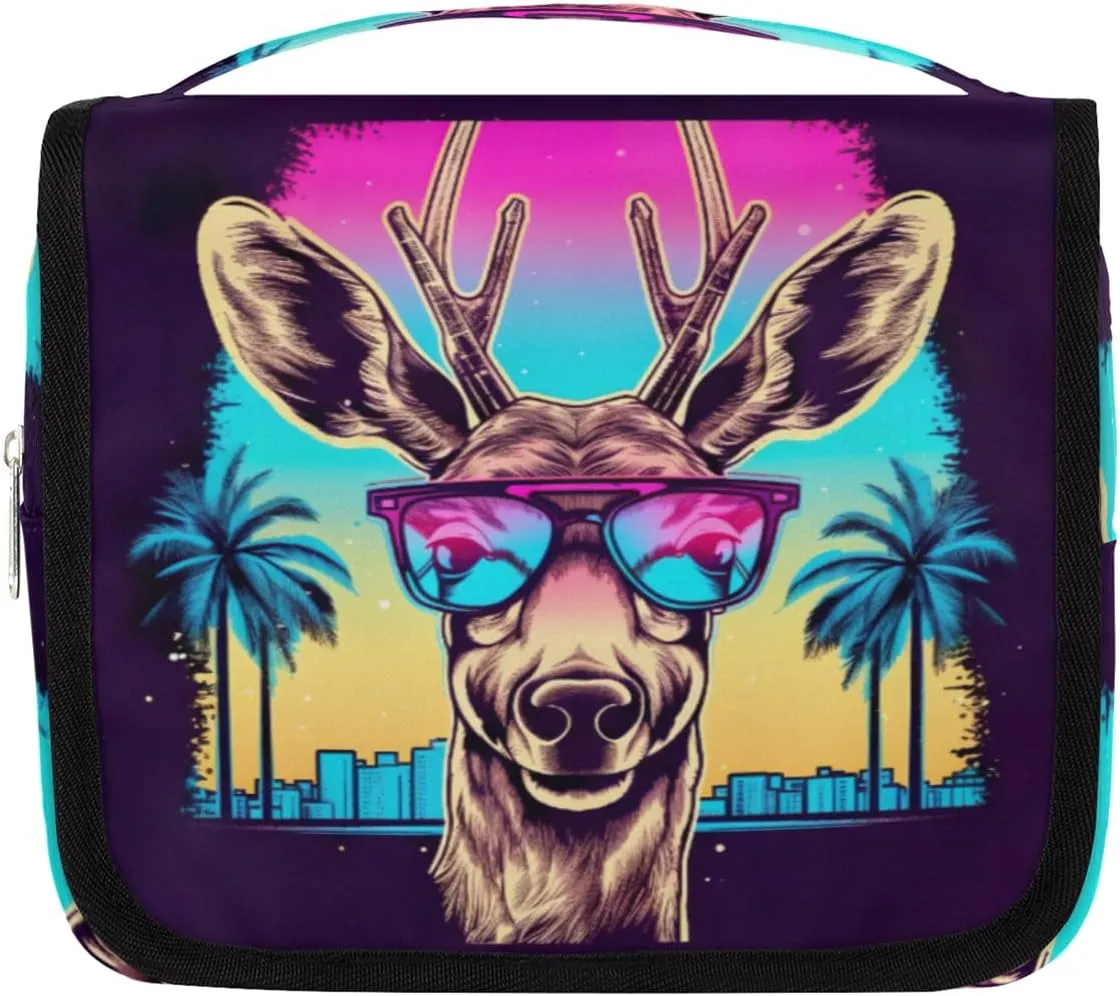 Hanging Toiletry Bag for Women & Men Small Travel Makeup Skincare Necessaire Organizer Kit Cosmetic Bags Waterproof Shower Pouch Expandable Compartments Sunglasses Palm Leaves Deer