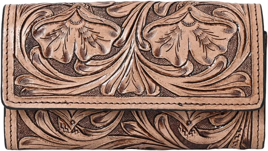 Hantooled Leather Wallet RFID Blocking, Trifold Ladies Purse, Flower Handtooled and Carved long Clutch, 1 Back Zip pocket, Wallet For Women (Light brown)